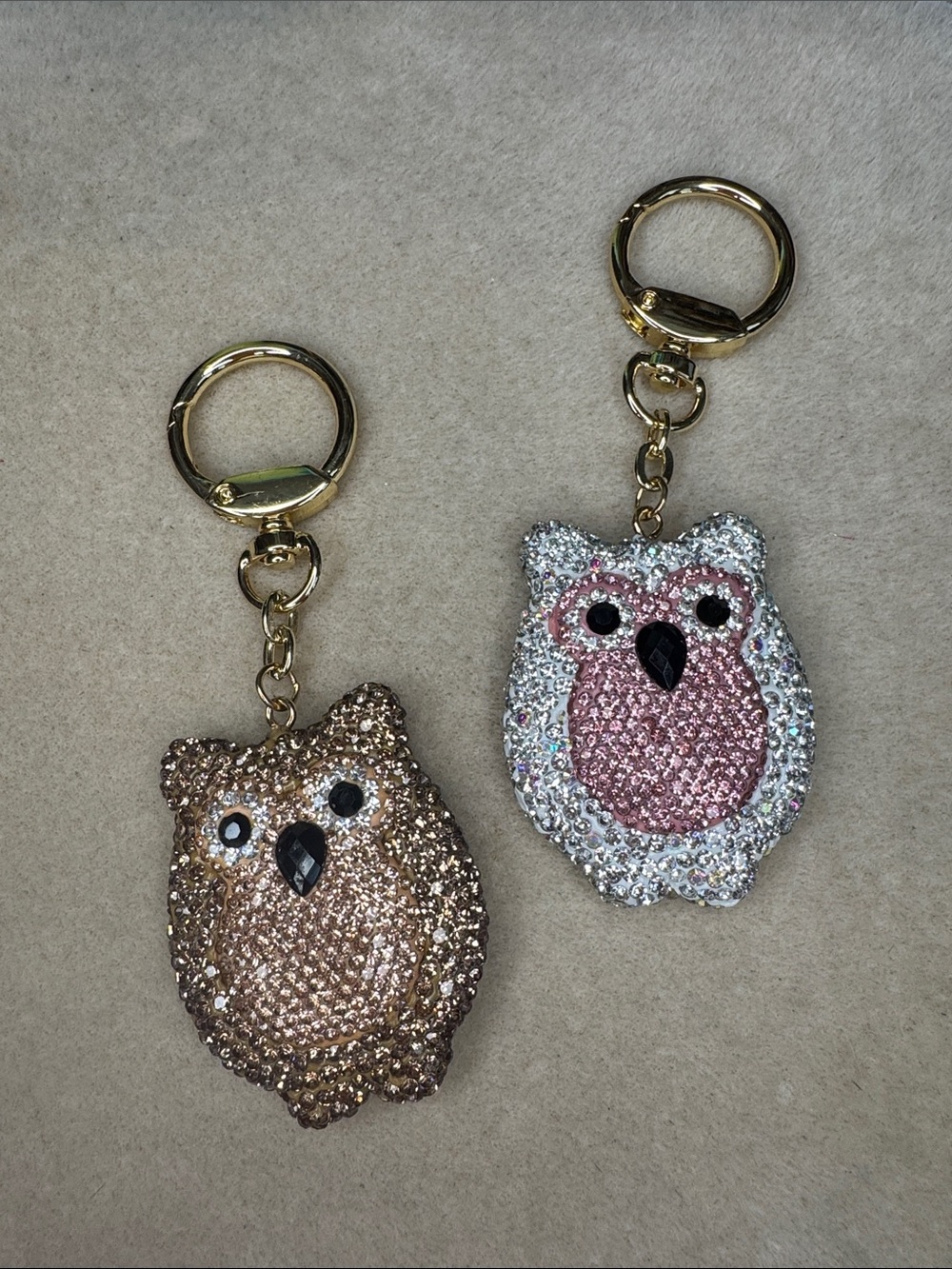 Sparkly Owl Keychain Duo - Gold and Pink Rhinestone Charms